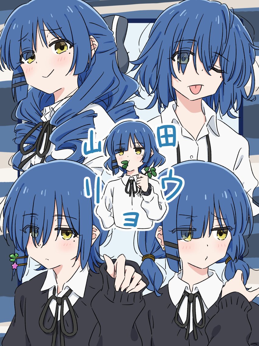 1girl ;p absurdres alternate_hair_length alternate_hairstyle black_ribbon black_sweater blue_hair blush bocchi_the_rock! closed_mouth collared_shirt cropped_torso dot_nose earrings eating eyes_visible_through_hair hair_ornament hairclip hand_up highres holding holding_plant jewelry jitome long_hair long_sleeves mayo_(oekaki_bibbi) messy_hair mole mole_under_eye multiple_views neck_ribbon one_eye_closed plant raised_inner_eyebrows ribbon shirt short_twintails smile sweater tongue tongue_out translation_request twintails white_shirt yamada_ryo yellow_eyes