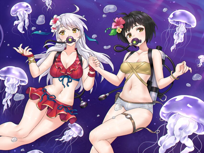 2girls bikini black_hair commission fire_emblem fire_emblem:_radiant_dawn highres igni_tion jellyfish laura_(fire_emblem) micaiah_(fire_emblem) multiple_girls nintendo scuba_gear swimsuit underwater white_hair yellow_eyes