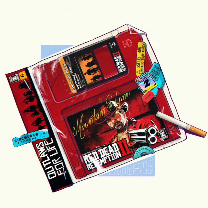 arthur_morgan artist_name bag chromatic_aberration cigarette dated english_text floppy_disk highres iwse_zhang no_humans plastic_bag red_dead_redemption_(series) red_dead_redemption_2 signature simple_background sticker still_life white_background
