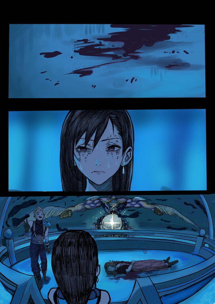 2boys 2girls absurdres aerith_gainsborough armor bare_shoulders black_gloves black_hair blonde_hair blood blood_on_ground blue_sweater blurry blurry_background bracelet chainsaw_man closed_mouth cloud_strife commentary death dress earrings english_commentary eye_twitch final_fantasy final_fantasy_vii final_fantasy_vii_rebirth final_fantasy_vii_remake from_behind gloves highres hugo_artist jacket jewelry long_hair looking_at_another lying meme multiple_boys multiple_girls on_back open_mouth pants pink_dress red_eyes red_jacket reze&#039;s_eye_twitch_(chainsaw_man) sephiroth sephiroth_reborn shoulder_armor single_bare_shoulder single_earring sleeveless sleeveless_turtleneck spiked_hair spoilers standing suspenders sweater t-pose tank_top tifa_lockhart turtleneck turtleneck_sweater v wet wet_hair white_tank_top