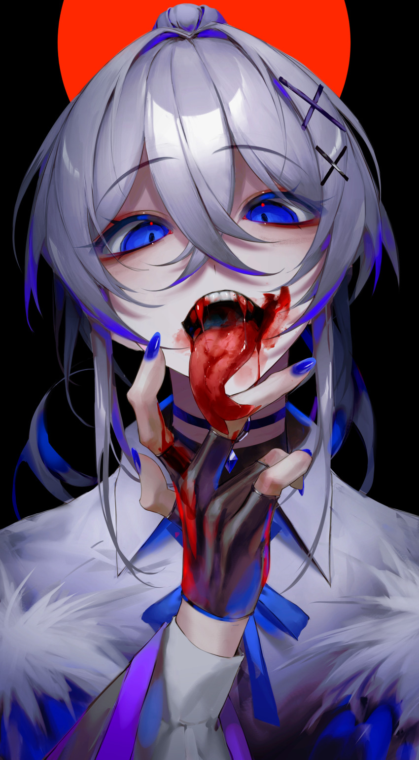 1girl absurdres bags_under_eyes black_background blood blood_from_mouth blood_in_mouth blood_on_face blue_bow blue_bowtie blue_eyes blue_nails bow bowtie choker collared_shirt crossed_bangs fangs fingerless_gloves forked_tongue fur_trim gloves grey_hair hair_between_eyes hair_intakes highres indie_virtual_youtuber kakubi_neu looking_at_viewer open_mouth ponytail red_sun shirt short_hair_with_long_locks solo tongue tongue_out virtual_youtuber