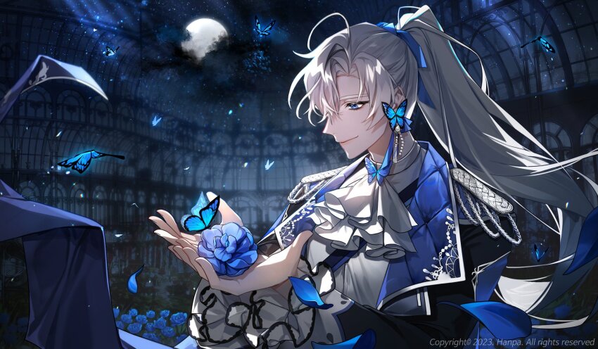 1boy ascot black_jacket blue_butterfly blue_eyes blue_flower blue_ribbon blue_rose bug butterfly butterfly_brooch butterfly_earrings butterfly_on_hand closed_mouth copyright_notice cowlick cupping_hands cyanus_floria dome earrings epaulettes falling_petals flower frilled_sleeves frills full_moon hair_between_eyes hair_ribbon hh9903 highres holding holding_flower indie_virtual_youtuber insect jacket jewelry korean_commentary lapels light_particles long_hair long_sleeves looking_at_animal looking_at_flowers male_focus moon night notched_lapels official_art own_hands_together petals ponytail profile ribbon rose shirt sky smile solo star_(sky) starry_sky upper_body virtual_youtuber white_ascot white_hair white_shirt