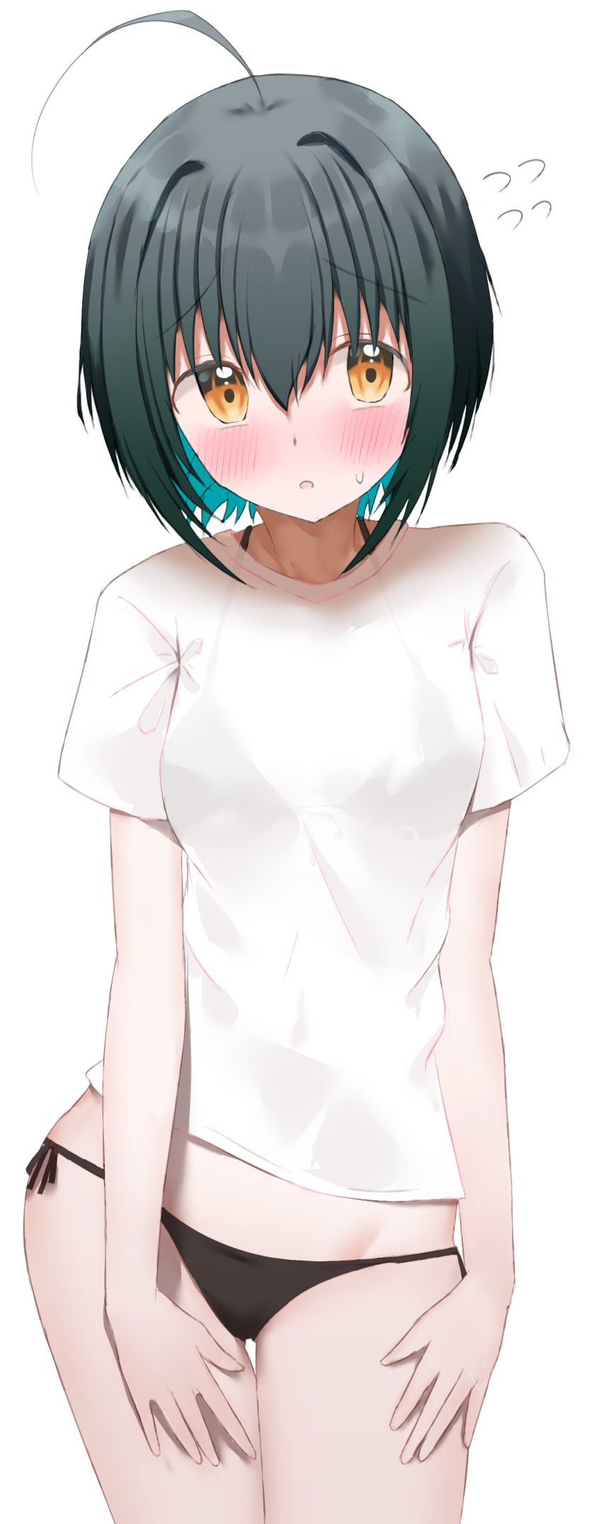1girl :o absurdres ahoge ashinagi_(bijutu1) bikini bikini_under_clothes black_bikini blush cowboy_shot flying_sweatdrops green_hair highres idolmaster idolmaster_cinderella_girls kohinata_miho looking_at_viewer shirt solo sweatdrop swimsuit thigh_gap white_shirt yellow_eyes