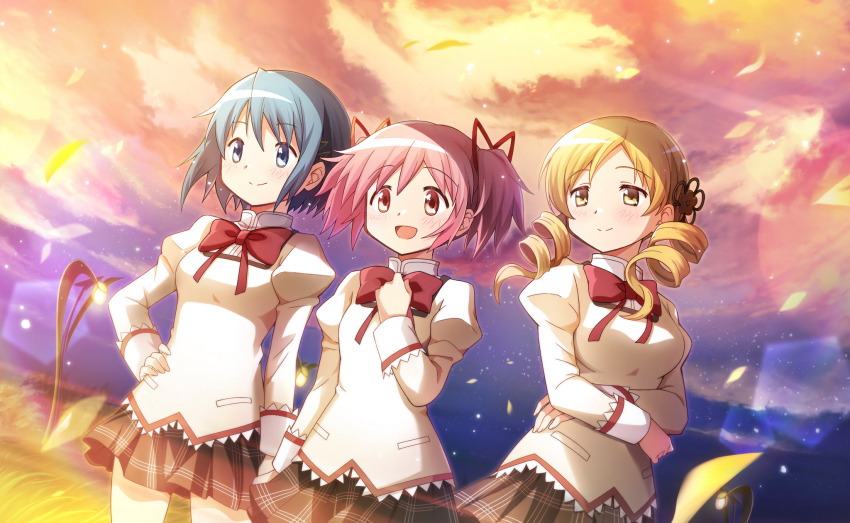 3girls artist_request black_skirt blonde_hair blue_eyes blue_hair blue_sky bow bowtie clenched_hand closed_mouth cloud collared_shirt cowboy_shot crossed_arms dot_nose drill_hair field floating_clothes floating_hair flower_hairpin game_cg gradient_sky hair_ornament hair_over_shoulder hair_ribbon hairclip hand_on_own_chest hand_on_own_hip happy high_collar highres juliet_sleeves kaname_madoka lace lace-trimmed_shirt lace-trimmed_sleeves lace_trim lamppost leaf light_blush light_particles light_rays long_hair long_sleeves looking_ahead mahou_shoujo_madoka_magica mahou_shoujo_madoka_magica_magia_exedra miki_sayaka miniskirt mitakihara_school_uniform multiple_girls official_art open_mouth outdoors pink_eyes pink_hair pink_sky pleated_skirt pocket puffy_sleeves red_bow red_bowtie red_ribbon ribbon road school_uniform shirt short_hair short_twintails skirt sky smile standing street sunlight sunset tareme tomoe_mami twin_drills twintails white_sleeve_cuffs wind yellow_eyes yellow_shirt