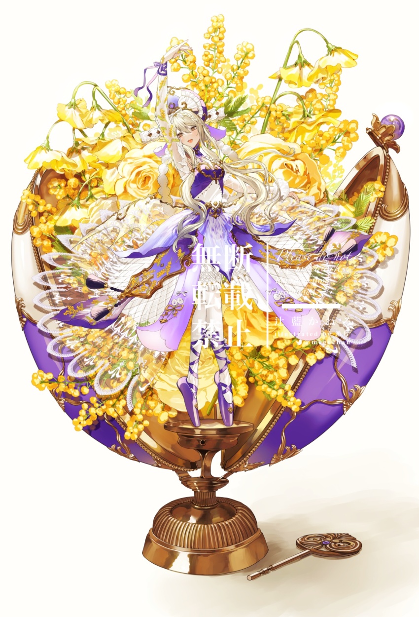 1girl acacia_(flower) arm_up asymmetrical_sleeves ballet ballet_slippers blonde_hair bonnet brown_eyes capelet commission dress en_pointe faberge_egg fishnet_dress fishnets floral_dress floral_print flower full_body hair_between_eyes hair_bun highres indie_virtual_youtuber key leg_ribbon long_hair long_sleeves looking_at_viewer low-tied_sidelocks mege_(megechan) mimosa_(flower) oversized_object purple_dress purple_footwear purple_headwear ribbon rose see-through_clothes see-through_capelet see-through_sleeves sidelocks solo tassel tsujiai_kaneru two-tone_dress virtual_youtuber watermark white_background white_capelet white_dress wrist_ribbon yellow_flower yellow_rose
