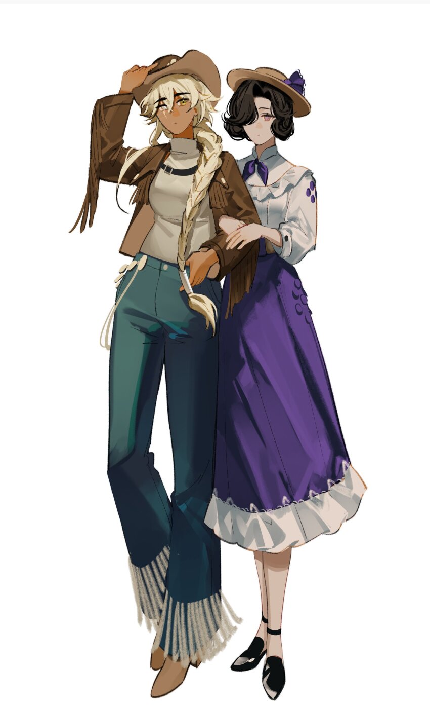 2girls absurdres adjusting_clothes adjusting_headwear argus_(reverse:1999) black_footwear black_hair blonde_hair blue_pants boater_hat braid brown_footwear brown_hat brown_jacket cowboy_hat full_body grey_eyes grey_shirt hair_over_one_eye hair_over_shoulder hand_on_headwear hand_up hat heterochromia highres jacket locked_arms long_hair long_skirt long_sleeves looking_at_viewer multiple_girls neckerchief one_eye_covered pants pink_eyes purple_neckerchief purple_skirt reverse:1999 scar scar_across_eye scar_on_face shirt single_braid skirt standing tuesday_(reverse:1999) white_background yellow_eyes ylceon