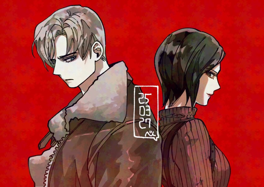 1boy 1girl ada_wong back-to-back black_hair blonde_hair breasts brown_jacket closed_mouth dress fur-trimmed_jacket fur_trim harness highres jacket leon_s._kennedy light_smile medium_breasts nul parted_bangs red_background red_sweater resident_evil resident_evil_4 short_hair sweater sweater_dress turtleneck turtleneck_dress turtleneck_sweater upper_body