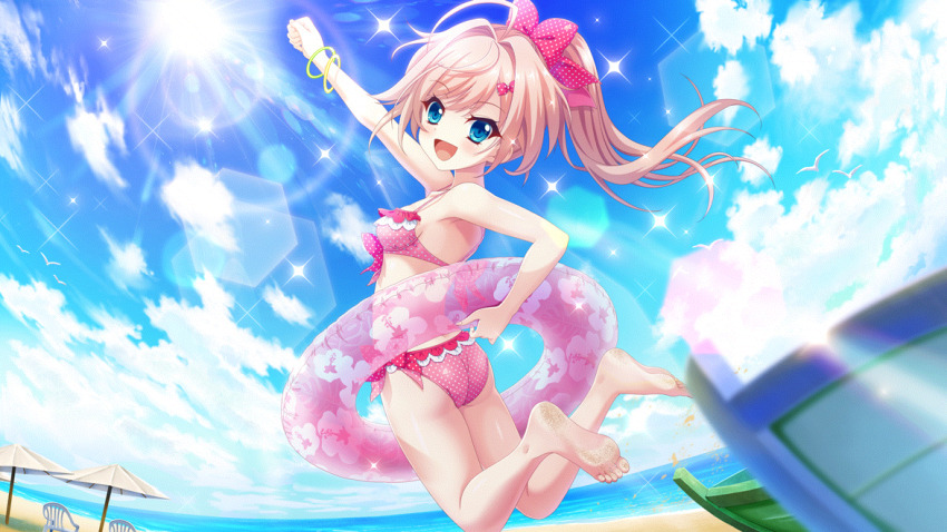 1girl :d ahoge arm_up ass barefoot beach beach_umbrella bikini bird blue_eyes blue_sky bow breasts canoe chair clenched_hand cloud cloudy_sky day dot_nose film_grain fisheye floral_print frilled_bikini frills from_side game_cg hair_bow high_ponytail himura_nagisa horizon innertube izumi_tsubasu jumping lens_flare looking_at_viewer non-circular_lens_flare non-web_source ocean official_art open_mouth outdoors pink_bikini pink_bow pink_hair polka_dot polka_dot_bikini polka_dot_bow ponytail print_innertube re:stage! sand_on_skin seagull sky small_breasts smile solo sparkle sun swim_ring swimsuit toes umbrella