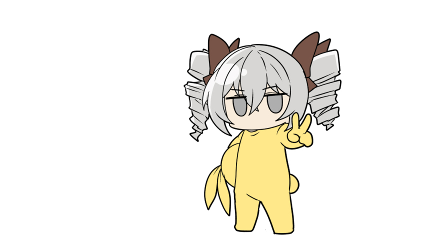 1girl bow bronya_zaychik brown_bow chibi commentary_request cosplay drill_hair full_body grey_eyes grey_hair hair_bow homu_(honkai_impact) homu_(honkai_impact)_(cosplay) honkai_(series) honkai_impact_3rd looking_at_viewer nabeiro_kin outstretched_arm simple_background solo standing twin_drills twintails v v-shaped_eyebrows white_background