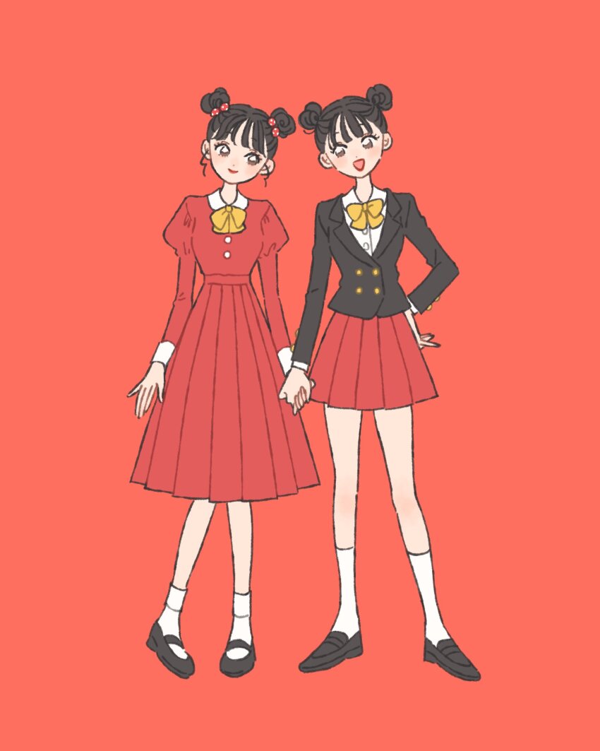 2girls absurdres adapted_costume ankle_socks black_footwear black_jacket black_sleeves blazer blunt_bangs bow bowtie brown_eyes brown_hair buttons closed_mouth coattails collar collared_dress collared_jacket collared_shirt commentary_request cosplay disney double-breasted double_bun dress eye_contact eyelashes full_body hair_bobbles hair_bun hair_ornament hand_on_own_hip highres holding_hands jacket juliet_sleeves knees layered_sleeves light_blush lipstick long_sleeves looking_at_another makeup mary_janes medium_dress mickey_mouse mickey_mouse_&amp;_friends mickey_mouse_(cosplay) miniskirt minnie_mouse minnie_mouse_(cosplay) multiple_girls open_mouth original pleated_skirt puffy_sleeves red_background red_dress red_lips red_skirt red_sleeves rikuwo school_uniform shirt shoes short_hair simple_background skirt smile socks uwabaki white_collar white_shirt white_socks yellow_bow yellow_bowtie