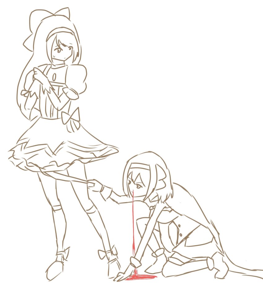 2girls blood breasts cosplay female_pervert gloves hair_ribbon highres kaname_madoka large_breasts legs magical_girl medium_breasts miki_sayaka monochrome multiple_girls nakoruru nosebleed open_mouth panties panty_pull pervert pulling_another&#039;s_clothes ribbon rimururu samurai_spirits short_hair siblings sisters sketch small_breasts snk thighs twintails underwear
