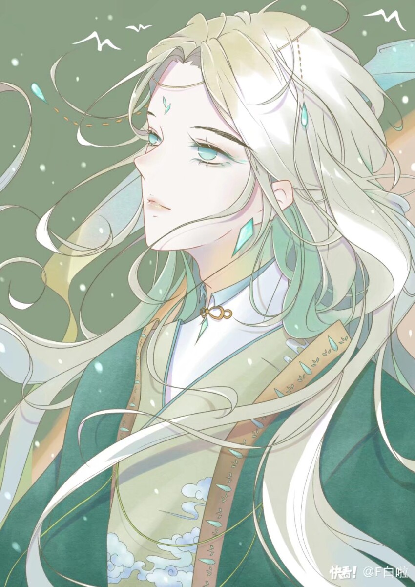 1boy artist_name artist_request bird blue_eyes blue_eyeshadow chinese_clothes closed_mouth expressionless eyelashes eyeshadow floating_hair forehead green_background green_hanfu grey_hair hanfu highres lips long_hair long_sleeves looking_ahead makeup male_focus mandarin_collar original pink_lips pointy_nose shirt simple_bird snowing solo third-party_source upper_body watermark white_bird white_shirt