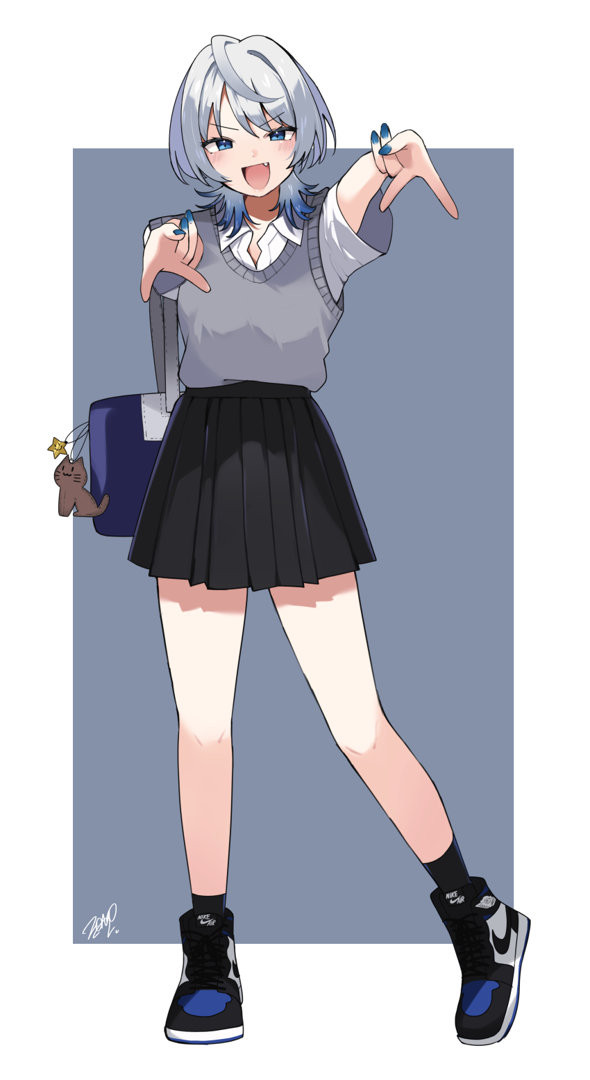 1girl absurdres bag bag_charm black_shoes black_skirt black_socks blue_bag blue_hair blue_nails blush cardigan charm_(object) collared_shirt commentary_request full_body gradient_hair grey_background grey_cardigan grey_hair gyaru_v hair_intakes highres looking_at_viewer medium_hair multicolored_hair open_mouth original pleated_skirt school_bag school_uniform shirt shoes short_sleeves skirt smile sneakers socks solo standing two-tone_background v white_background white_shirt wolf_cut zono_(inokura_syuzo029)