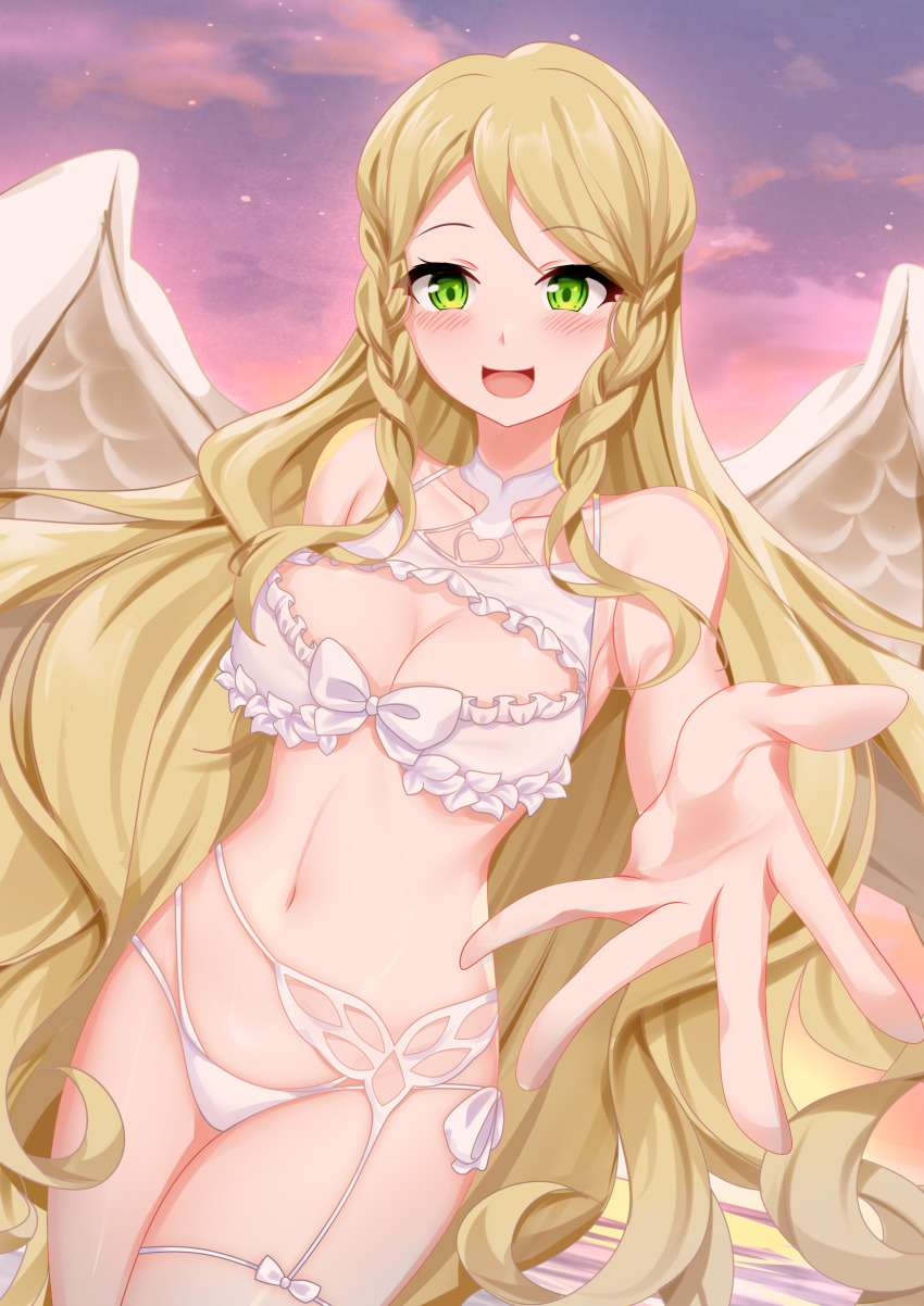 1girl absurdres alternate_costume angel_wings bikini bird blonde_hair blush bow breasts chrita cleavage closed_eyes commission commissioner_upload feathered_wings fire_emblem fire_emblem:_path_of_radiance fire_emblem:_radiant_dawn frilled_bikini frills heron highres lady_avalon_(fate) laguz_(fire_emblem) leanne_(fire_emblem) long_hair merlin_(fate/prototype) nintendo pov reaching reaching_towards_viewer smile sunset swimsuit thighs very_long_hair white_bikini white_wings wings