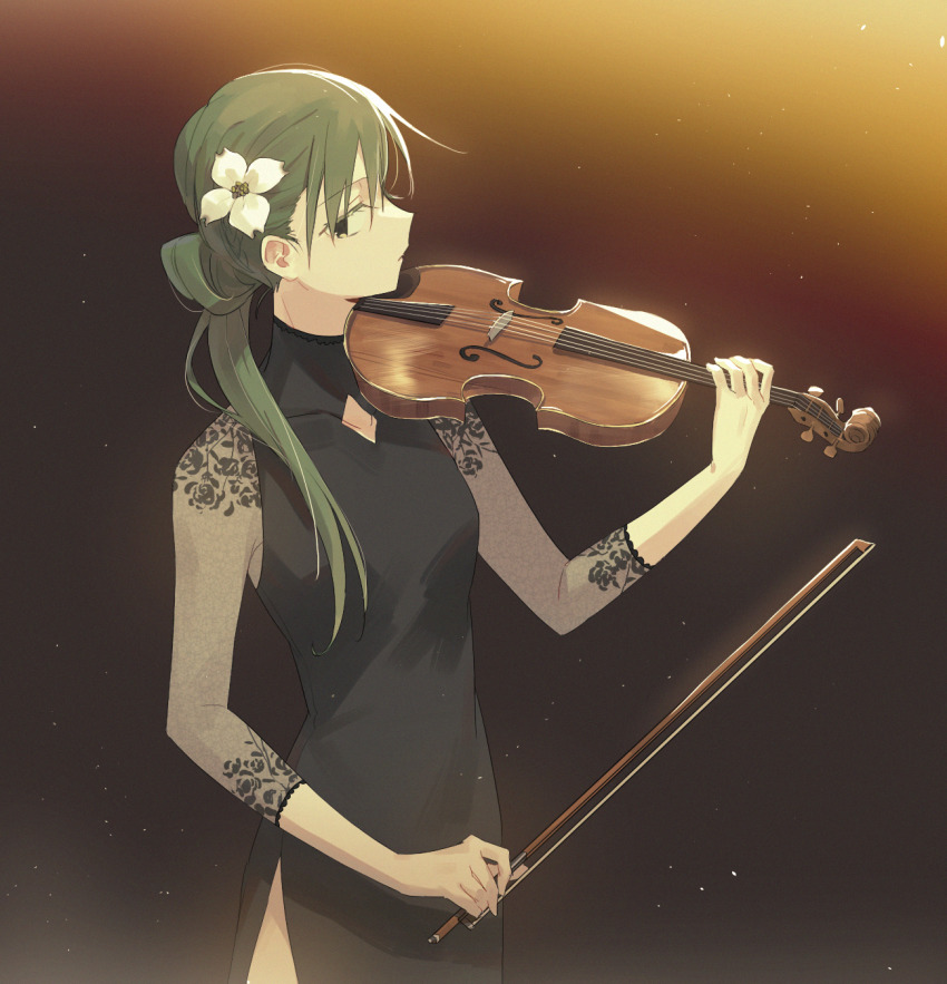 1girl aaniko black_background black_dress black_eyes bow_(music) chinese_commentary commentary_request covered_collarbone cowboy_shot diamond_cutout dress eyelashes flower green_hair hair_bun hair_flower hair_ornament hair_over_shoulder highres holding holding_bow_(music) holding_instrument holding_violin instrument kagerou_project kido_tsubomi lace_sleeves light_particles long_hair looking_at_viewer low_ponytail parted_lips pointy_nose ponytail see-through_clothes see-through_sleeves side_slit single_side_bun sleeves_past_wrists solo standing violin white_flower