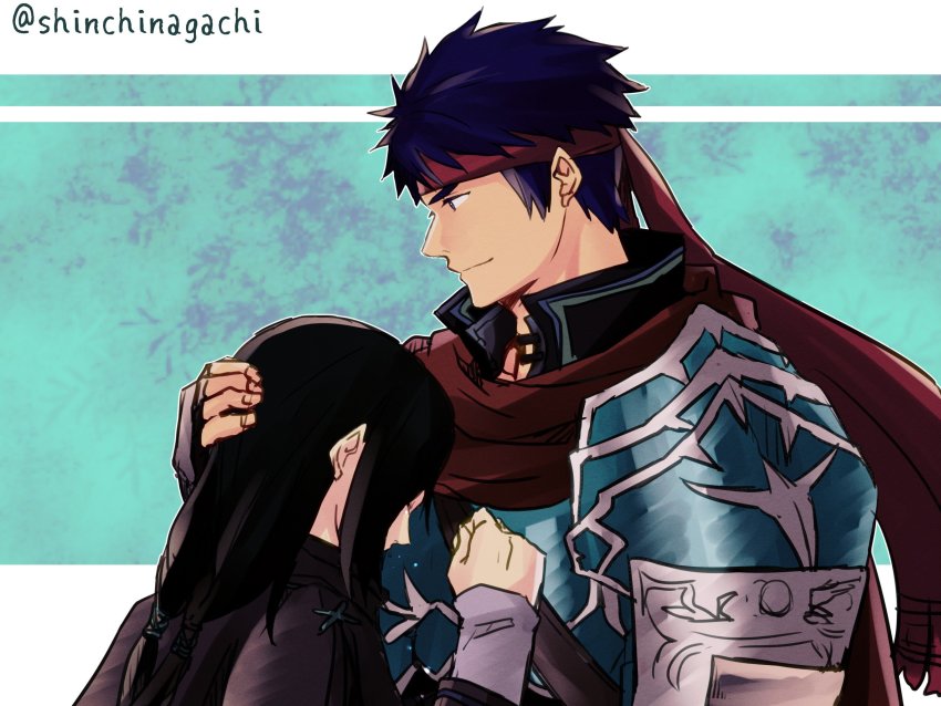 2boys black_hair blue_eyes blue_hair cape facial_mark fire_emblem fire_emblem:_path_of_radiance fire_emblem:_radiant_dawn gloves headband highres hug ike_(fire_emblem) ike_(vanguard_legend)_(fire_emblem) long_hair male_focus multiple_boys nintendo nishimura_(shinchinagachi) red_eyes short_hair simple_background smile soren_(fire_emblem) yaoi
