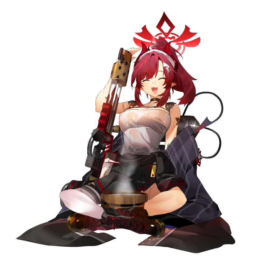 1girl absurdres black_skirt black_tail blue_archive blueodh blush breasts commentary_request demon_tail fang full_body halo highres horns indian_style large_breasts long_hair megu_(blue_archive) miniskirt open_mouth pleated_skirt pointy_ears ponytail red_hair red_halo red_horns ribbed_tank_top simple_background sitting skin_fang skirt smile solo tail white_background