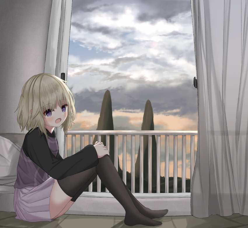1girl arms_on_knees balcony black_thighhighs blonde_hair grey_sky long_sleeves medium_hair mitarashi_dayo mountain open_mouth purple_eyes sitting skirt sky sweater thighhighs urotsuki yume_2kki