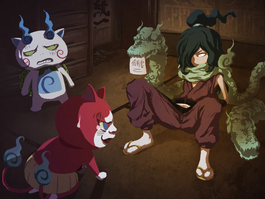 1boy abbreviated_karakusa cat fire flame-tipped_tail furoshiki furoshiki_around_neck green_hair hair_over_one_eye haramaki indoors jibanyan kirara_(hitominak3) komasan mouth_hold multiple_tails notched_ear orochi_(youkai_watch) sandals sleeveless tail tatami two_tails youkai_(youkai_watch) youkai_watch