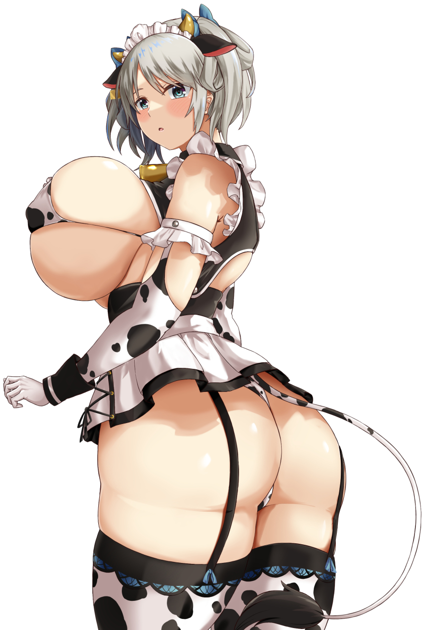 1girl absurdres alternate_costume animal_ears animal_print ass bikini breasts ciel_alencon cow_ears cow_girl cow_print cow_tail god_eater god_eater_2:_rage_burst grey_hair highres hizakake huge_breasts maid maid_bikini short_twintails solo swimsuit tail thighs twintails unconventional_maid