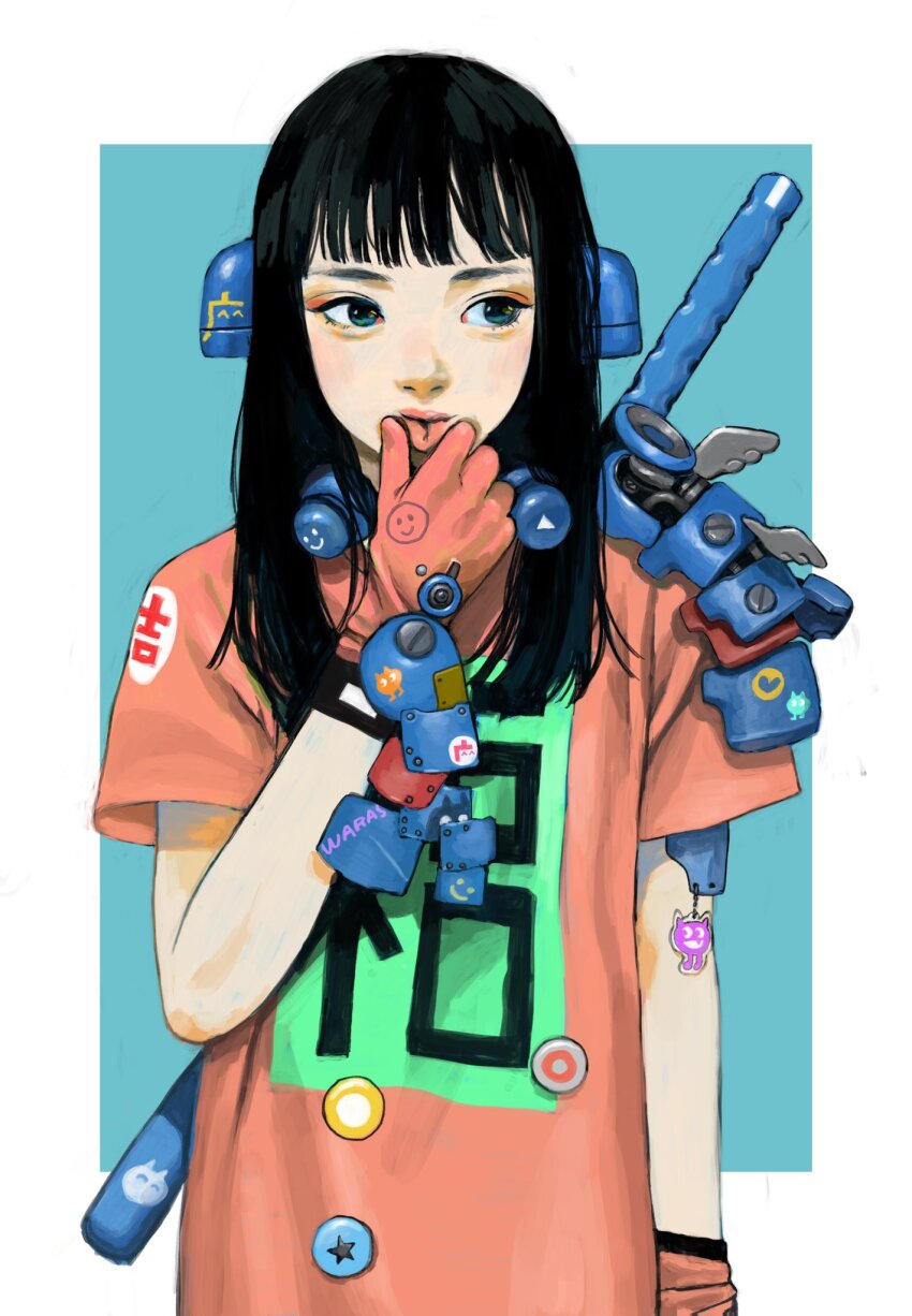 1girl armor badge black_hair blue_eyes blunt_bangs button_badge eyeshadow gloves hand_on_own_face highres junjunforever lips long_hair looking_to_the_side makeup mechabare original pinching print_shirt puckered_lips shirt shoulder_armor solo sticker t-shirt weapon weapon_on_back