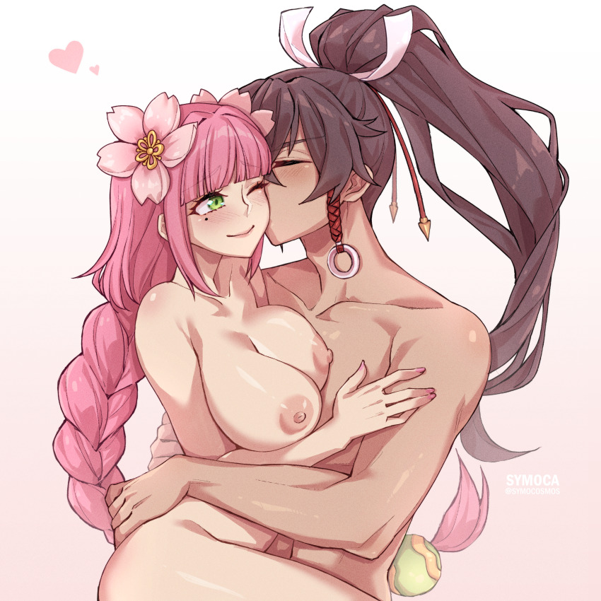 1boy 1girl absurdres braid breasts brown_hair closed_eyes commission commissioner_upload completely_nude flower green_eyes hair_flower hair_ornament hetero highres kiss kissing_cheek large_breasts long_hair nipples nude one_eye_closed pink_hair ponytail rune_factory rune_factory:_guardians_of_azuma smile subaru_(rune_factory) symoca ulalaka