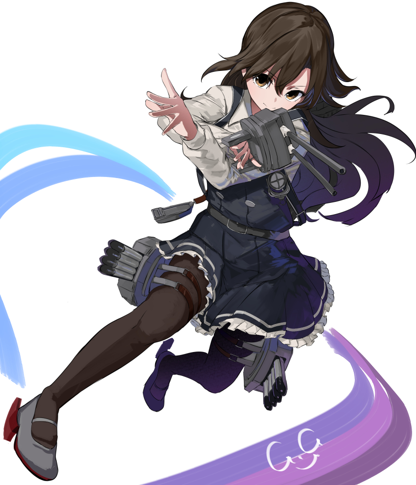1girl absurdres arashio_(kancolle) arashio_kai_ni_(kancolle) black_dress brown_eyes brown_hair daihatsu_(landing_craft) dress frilled_dress frills gegesan highres kantai_collection long_hair long_sleeves looking_at_viewer machinery pantyhose pinafore_dress school_uniform ship_turret shirt sleeveless sleeveless_dress smile solo torpedo torpedo_launcher white_shirt
