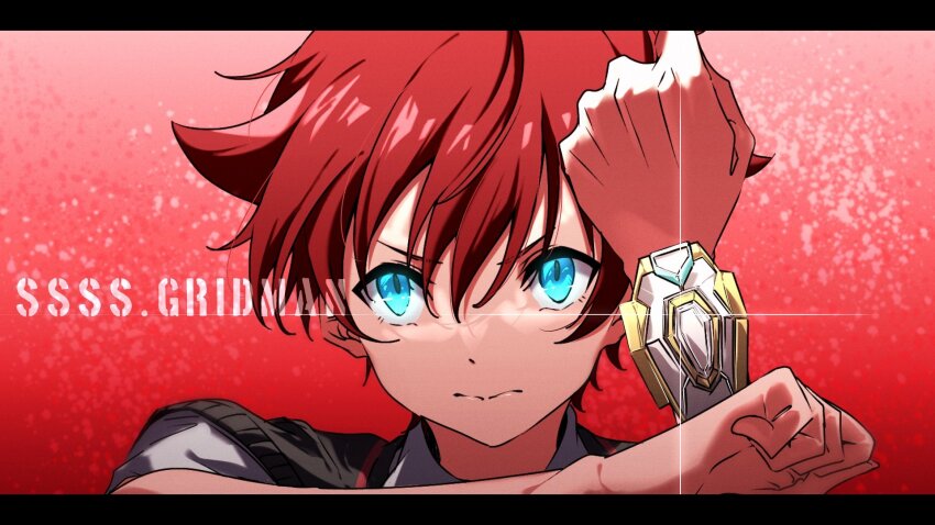 1boy acceptor blue_eyes gridman_universe henshin_pose hibiki_yuuta highres looking_at_viewer male_focus red_background red_hair rituka school_uniform shirt short_hair short_sleeves ssss.gridman vest waistcoat wing_collar zooming_in
