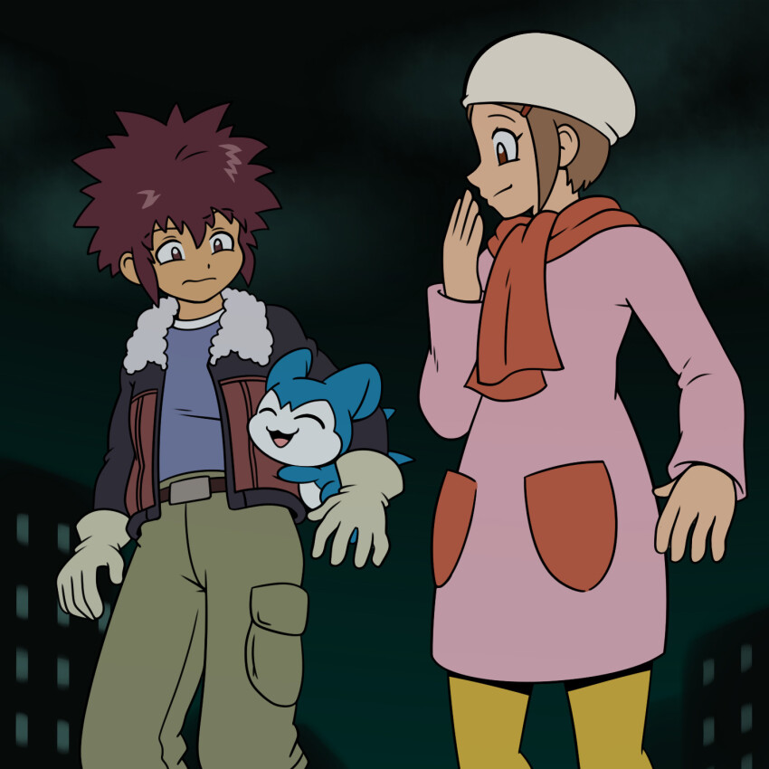 belt chibimon closed_eyes digimon digimon_(creature) digimon_adventure_02 highres jacket motomiya_daisuke scarf yagami_hikari