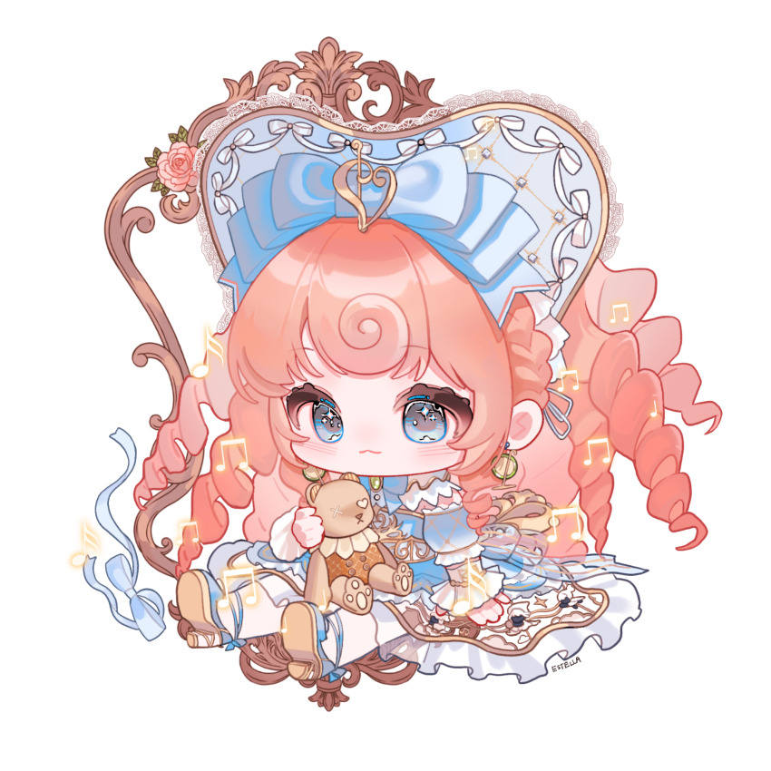 1girl :3 argyle_bonnet argyle_clothes argyle_sleeves blue_bonnet blue_bow blue_bowtie blue_dress blue_eyes blue_shoes blue_sleeves bonnet bow bowtie brooch character_profile chibi chinese_commentary classic_lolita closed_mouth collar commentary_request cross-laced_armwear curly_hair detached_collar detached_sleeves dress drill_hair earrings eeeestella eyelashes faewish_sprite flower footwear_bow fortissimo frilled_arm_warmers frilled_collar frilled_dress frilled_sleeves frills gold_earrings gown hair_bow hair_ornament hair_ribbon happy heart-shaped_bonnet high_heels highres holding holding_stuffed_toy hoop_earrings infinity_nikki jewelry lace-trimmed_headwear lace_trim leaf light_blush lolita_fashion long_dress long_hair looking_at_object multiple_hat_bows musical_note musical_note_hair_ornament nikki_(series) orange_hair pantyhose picture_frame pink_flower pink_rose puffy_short_sleeves puffy_sleeves pumps ribbon rose shoes short_sleeves simple_background sitting smile solo sparkling_eyes strapless strapless_dress stuffed_animal stuffed_toy tareme teddy_bear timeless_melody_(infinity_nikki) very_long_hair white_arm_warmers white_background white_bow white_collar white_pantyhose white_ribbon winding_key