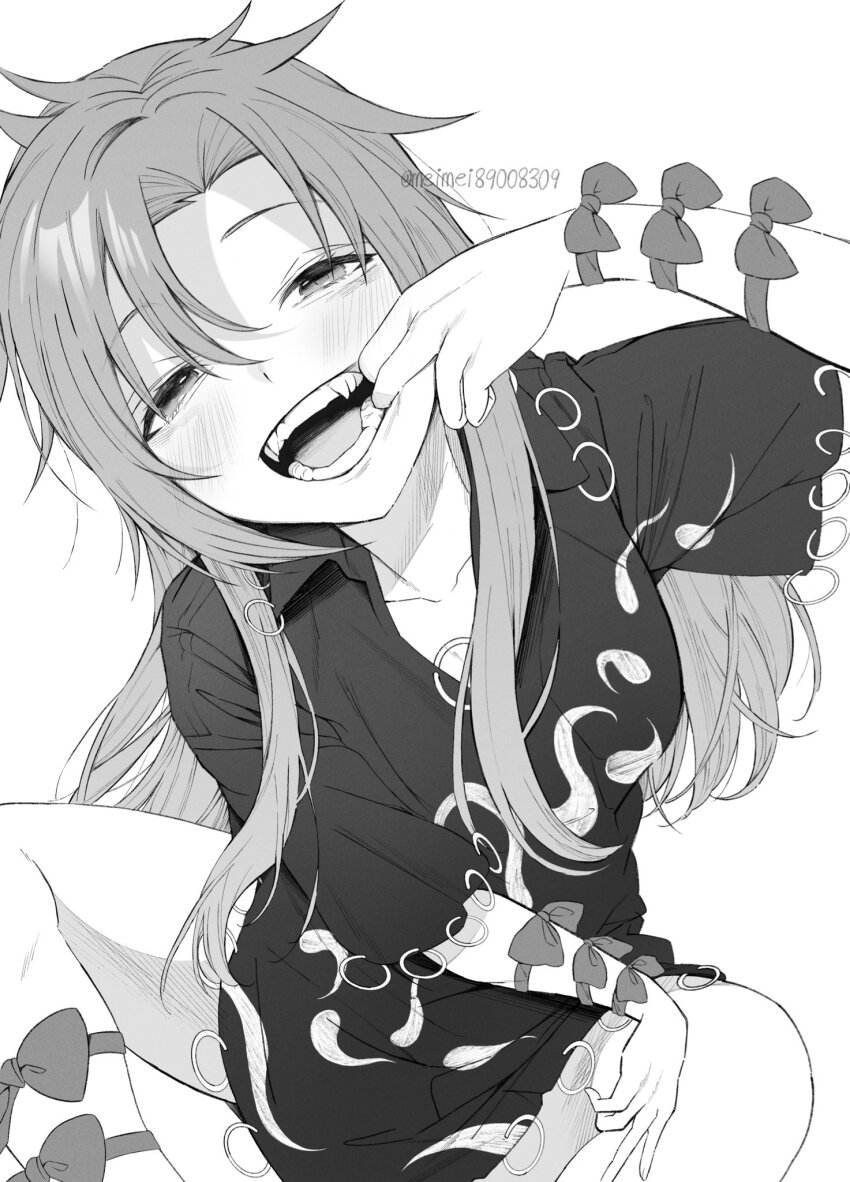 1girl arm_ribbon blush collarbone commentary_request dress fangs finger_in_own_mouth hair_between_eyes highres himemushi_momoyo long_hair looking_at_viewer meimei_(meimei89008309) monochrome open_mouth parted_bangs ribbon short_sleeves sitting smile solo teeth touhou twitter_username