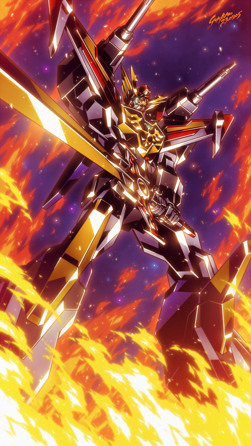 artist_name babamba commentary_request dated fire glowing glowing_eyes great_fighbird green_eyes highres holding holding_sword holding_weapon looking_at_viewer mecha mechanical_wings no_humans robot science_fiction solo standing star_(sky) sunrise_stance super_robot sword taiyou_no_yuusha_fighbird v-fin weapon wings yuusha_series
