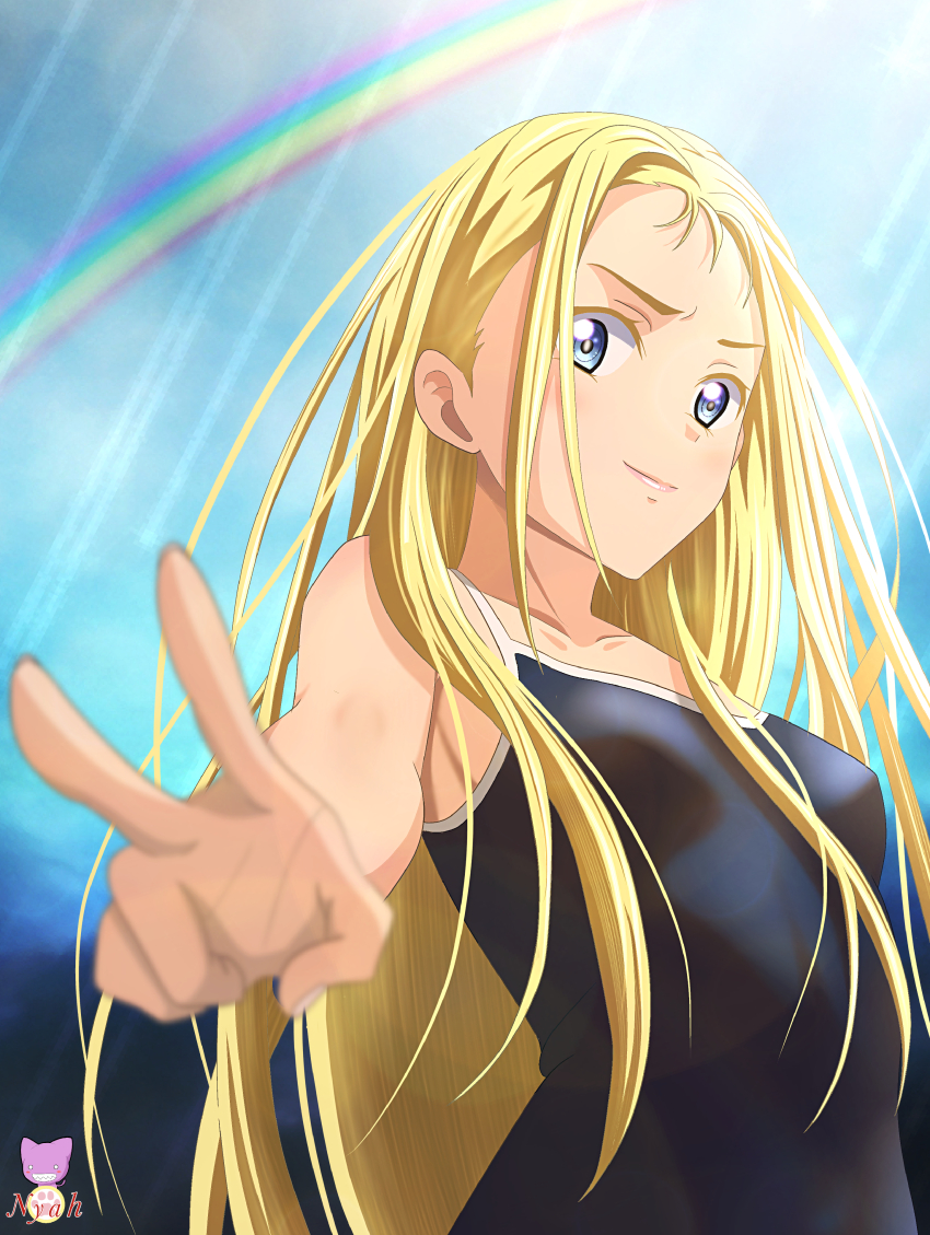 1girl absurdres artist_logo black_one-piece_swimsuit blonde_hair blue_eyes breasts collarbone highres kofune_ushio logo long_hair looking_at_viewer medium_breasts nyahoekaki1 one-piece_swimsuit rain rainbow school_swimsuit smile standing summertime_render swimsuit v