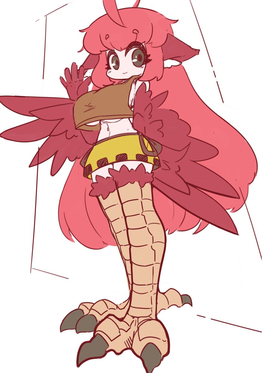 1girl absurdres ahoge animal_ears bird_ears bird_legs bird_tail breasts brown_eyes brown_tank_top coco_(eogks) commentary feathers harpy highres large_breasts long_hair looking_at_viewer midriff monster_girl navel nn_(eogks) original red_feathers red_hair red_wings simple_background skirt solo symbol-only_commentary tail talons tank_top underboob very_long_hair waving white_background winged_arms wings yellow_skirt