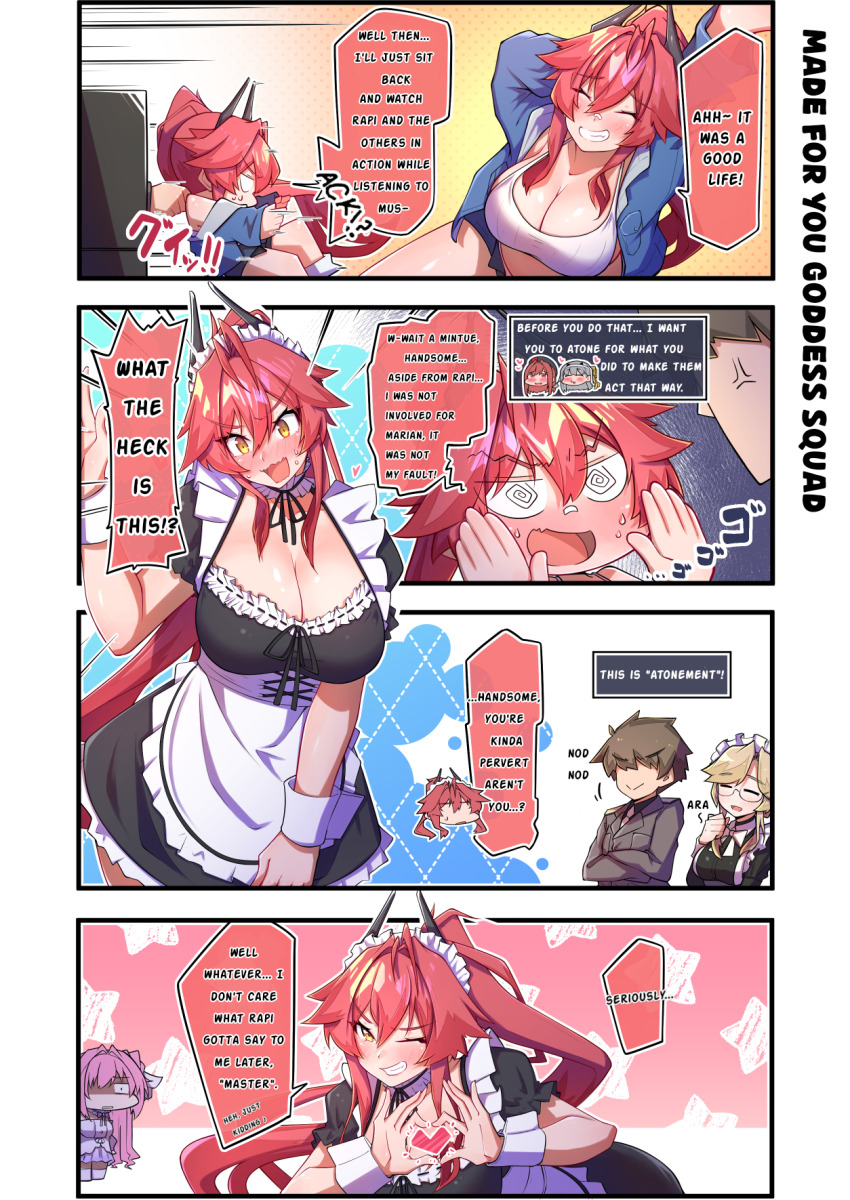 1boy 5girls @_@ ade_(nikke) apron bandaid bandaid_on_face bandaid_on_nose blonde_hair blue_jacket blush breasts chibi cleavage closed_eyes commander_(nikke) dorothy_(nikke) embarrassed glasses goddess_of_victory:_nikke heart heart_hands high_ponytail horns jacket large_breasts long_hair looking_at_viewer maid maid_apron maid_headdress military_uniform modernia_(first_affection)_(nikke) modernia_(nikke) multiple_girls one_eye_closed open_mouth osora_(judithandlilith) ponytail rapi_(nikke) red_hair red_hood_(nikke) short_sleeves speech_bubble tank_top translated wink wrist_cuffs yellow_eyes