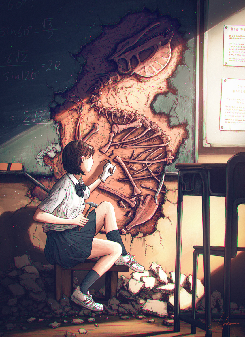 1girl absurdres black_skirt black_socks bow bowtie brown_hair bulletin_board chalkboard chisel classroom collared_shirt crack cracked_wall desk dilophosaurus dinosaur excavating fossil gloves hair_behind_ear hammer highres hiromumaru holding holding_chisel holding_hammer original pen pleated_skirt rock rubble school_desk school_uniform shirt shoes short_hair short_sleeves sitting skeleton skirt sneakers socks solo white_gloves white_sneakers