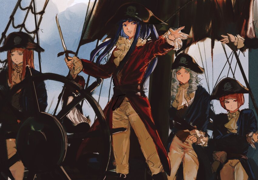 5girls alternate_universe ashashio character_request cutlass furudo_erika hat helm helmet highres holding holding_sword holding_weapon jacket jolly_roger multiple_girls pants pirate_hat pirate_ship red_jacket sketch sword umineko_no_naku_koro_ni weapon white_pants