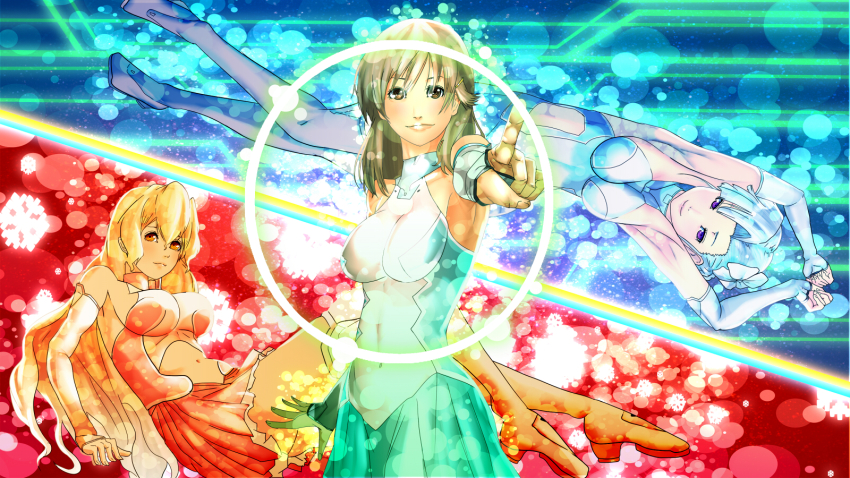 10s 3girls blue_hair bodysuit breasts brown_eyes brown_hair fin_e_ld_si_laffinty flower hair_flower hair_ornament hairclip highres kyouno_madoka large_breasts mall_link_suit mecha_pilot_suit medium_breasts muginami multiple_girls orange_hair puu_maru realistic rinne_no_lagrange skirt yellow_eyes