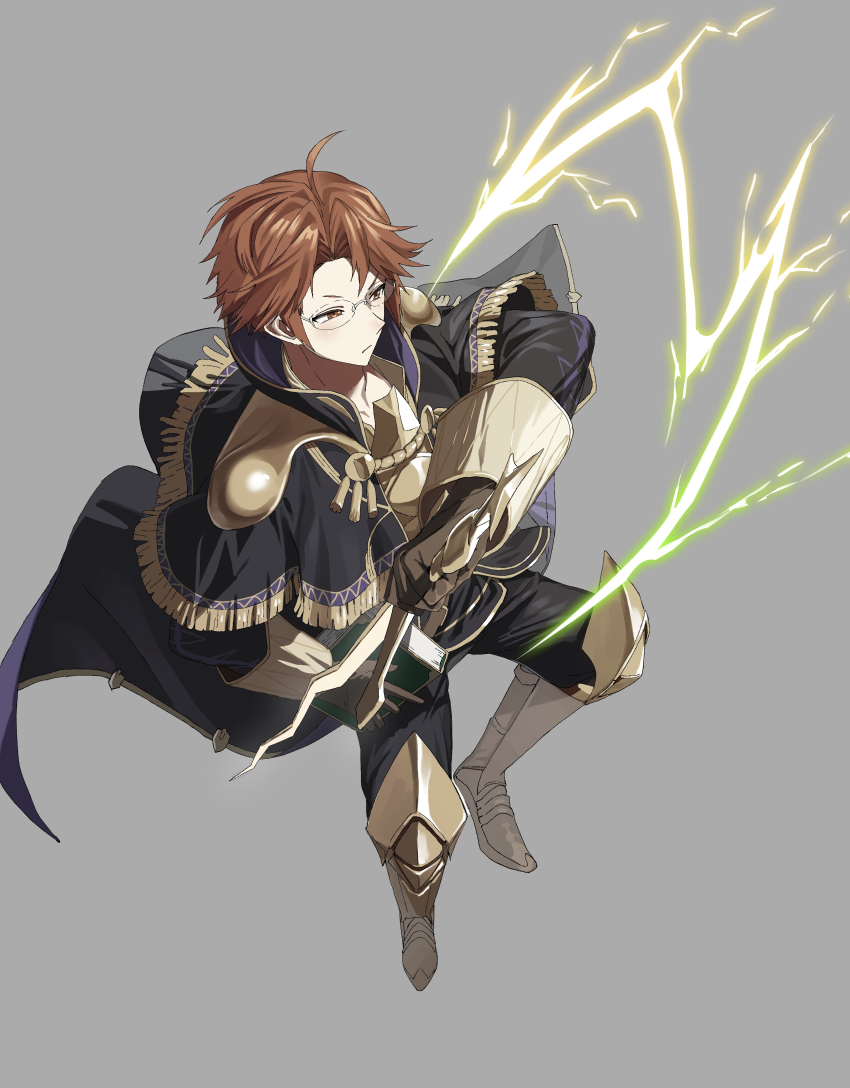 1boy absurdres armored_boots boots casting_spell fire_emblem fire_emblem_awakening glasses gloves highres laurent_(fire_emblem) leather leather_gloves lightning male_focus nintendo red_eyes red_hair tassel tsujii_luki