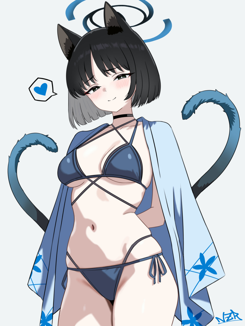 1girl absurdres animal_ears bikini black_bikini black_choker black_eyes black_hair blue_archive blue_bikini blue_halo blush cat_ears cat_girl choker halo heart highres kikyou_(blue_archive) kikyou_(swimsuit)_(blue_archive) layered_bikini looking_at_viewer multiple_tails navel nazara774 short_hair side-tie_bikini_bottom solo spoken_heart swimsuit tail two_tails white_background