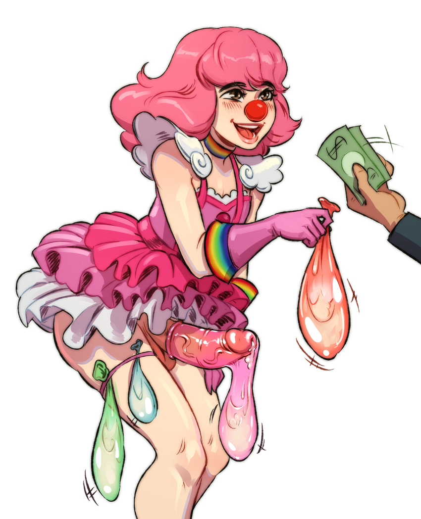 2boys ace_attorney banknote blush brown_eyes choker clown clown_nose colored_condom condom condom_belt condom_on_penis dress erection geiru_toneido genderswap genderswap_(ftm) gloves highres holding holding_condom holding_money large_penis long_sleeves male_focus money multiple_boys multiple_condoms open_mouth penis phoenix_wright:_ace_attorney_-_spirit_of_justice pink_dress pink_gloves pink_hair rainbow_print ripushko simple_background smile solo_focus suspenders teeth thigh_strap trap uncensored upper_teeth_only used_condom used_condom_on_penis white_background