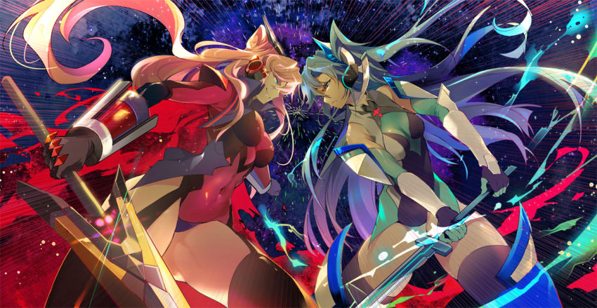 10s 2girls blue_eyes blue_hair bodysuit breasts cape covered_navel elbow_gloves frown garter_straps gauntlets gloves glowing grin headgear kazanari_tsubasa long_hair maria_cadenzavna_eve multiple_girls naye pink_hair polearm senki_zesshou_symphogear side_ponytail skin_tight smile spear sword teeth thighhighs very_long_hair weapon