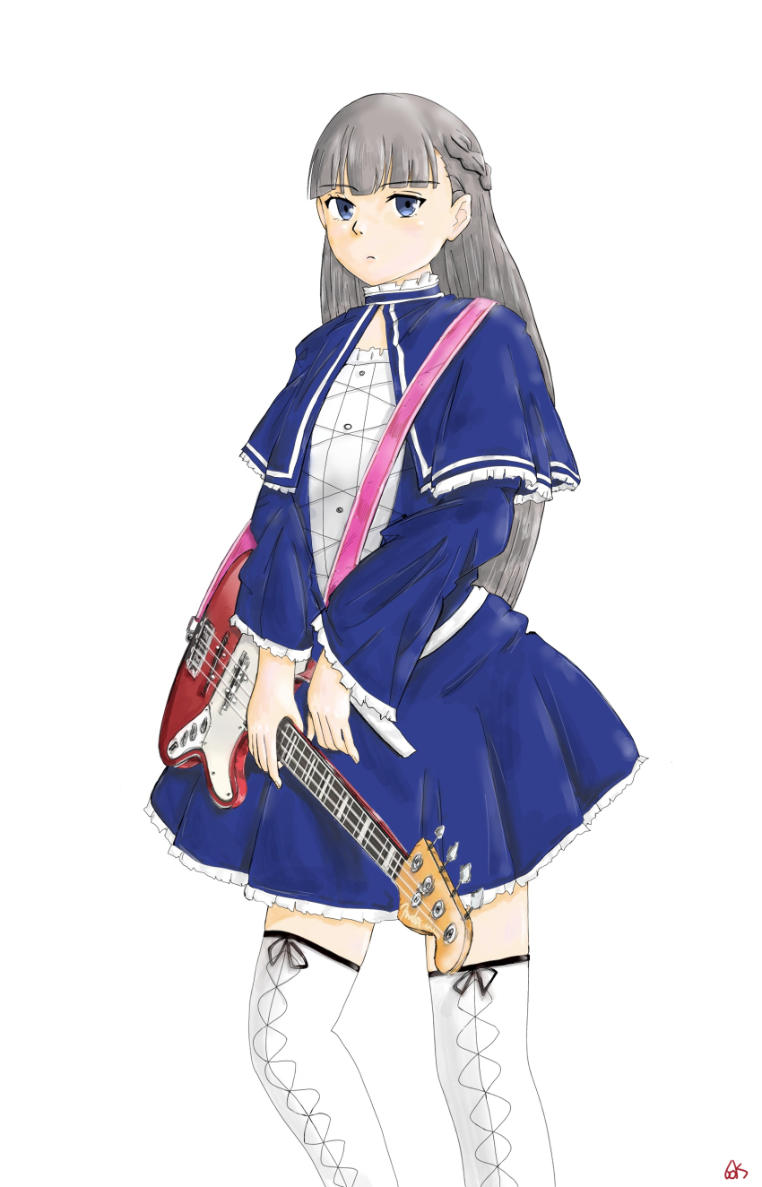 1girl 60karano absurdres bass_guitar blue_capelet blue_dress blue_eyes boots braid capelet dress frilled_dress frills grey_hair highres instrument lawine_(sousou_no_frieren) long_hair side_braid solo sousou_no_frieren thigh_boots thighhighs zettai_ryouiki