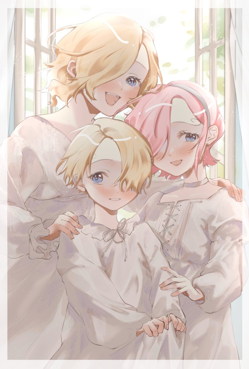 1boy 2girls aged_down blonde_hair blue_eyes blush brother_and_sister child choker commentary curly_eyebrows dress eyelashes family hair_over_one_eye headband highres lily-summer-0607 long_bangs looking_to_the_side mother_and_daughter mother_and_son multiple_girls one_piece open_mouth open_window pink_hair sanji_(one_piece) short_hair siblings smile symbol-only_commentary teeth upper_teeth_only vinsmoke_reiju vinsmoke_sora white_choker white_dress window