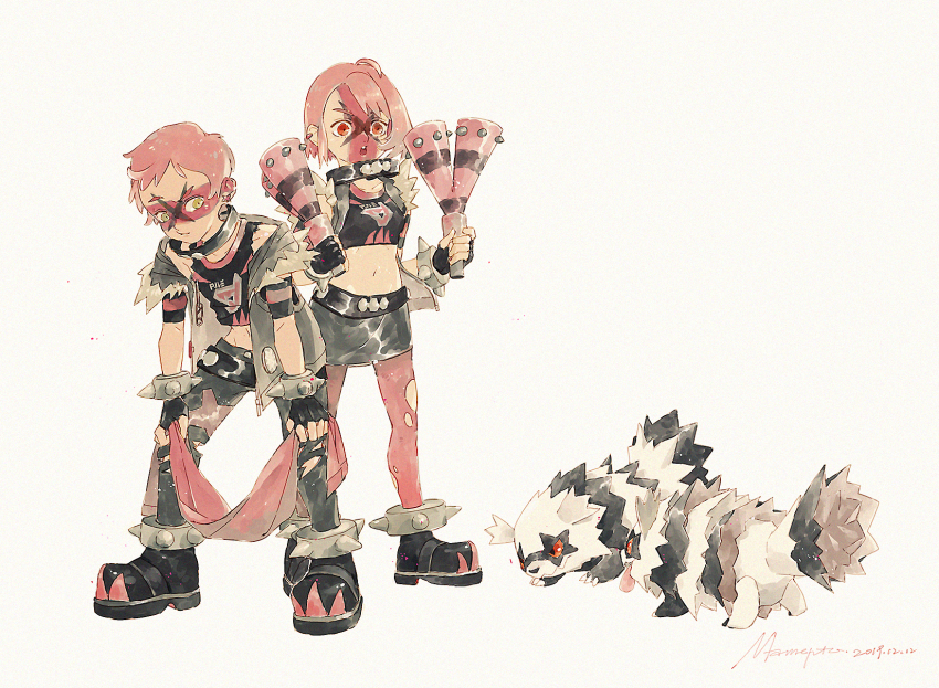 1boy 1girl amehatobook belt black_belt black_footwear black_gloves black_shirt black_skirt brown_hair cosplay facepaint fingerless_gloves full_body galarian_form galarian_zigzagoon gen_8_pokemon gloria_(pokemon) gloves hands_on_own_knees highres holding holding_megaphone megaphone midriff navel nintendo pants pantyhose pink_pantyhose pokemon pokemon_(creature) pokemon_swsh red_eyes shirt shoes simple_background skirt team_yell team_yell_grunt team_yell_grunt_(cosplay) torn_clothes torn_pants torn_pantyhose victor_(pokemon) white_background