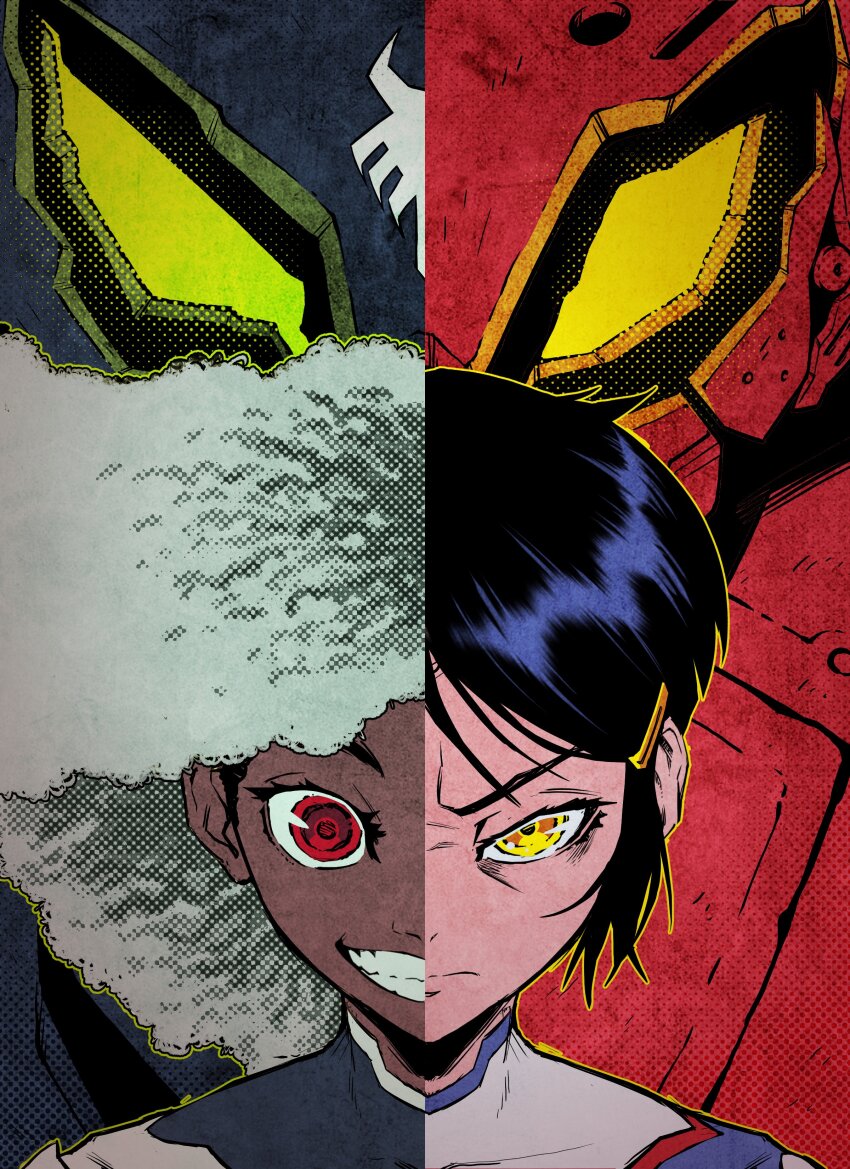 2023 2girls absurdres addy_brock angry black_hair closed_mouth commentary curly_hair dark-skinned_female dark_skin english_commentary floating_hair frown furrowed_brow fuzzzycomics grey_hair grin hair_ornament hairclip halftone highres looking_at_viewer marvel mecha mecha_pilot_suit multiple_girls nose peni_parker plugsuit_(evangelion) poster_(medium) red_eyes robot scowl smile sp//dr spider-man_(series) spider-verse spider-verse_(comics) split_image split_theme straight-on teeth v-shaped_eyebrows ven#m yellow_eyes