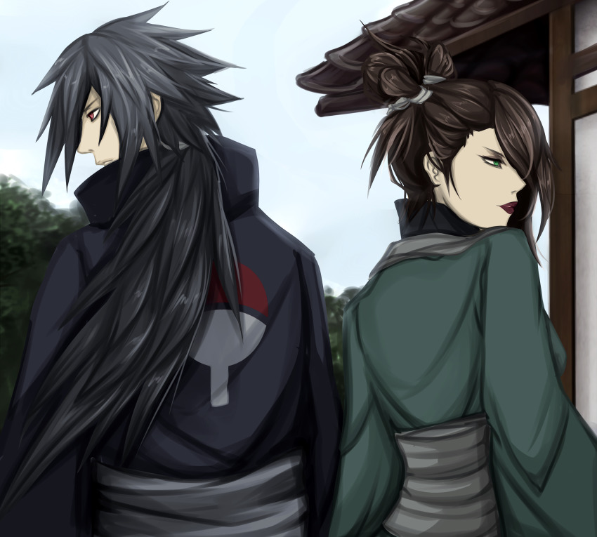 1boy 1girl absurdres back black_hair brown_hair fireeaglespirit green_eyes highres long_hair long_sleeves looking_away low_ponytail naruto_(series) naruto_shippuuden outdoors ponytail red_eyes red_lips senju_touka sharingan uchiha_izuna uchiha_symbol wide_sleeves