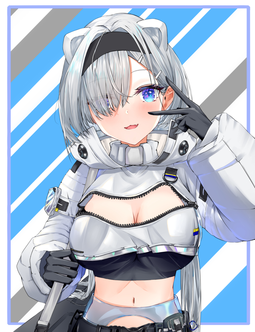 1girl :3 :d absurdres animal_ears arknights aurora_(arknights) bear_ears black_gloves black_hairband black_shirt blue_eyes blush breasts cleavage cleavage_cutout clothing_cutout commentary_request crop_top cropped_jacket eyes_visible_through_hair fang gloves hair_over_one_eye hairband hand_up highres jacket kebol long_hair long_sleeves looking_at_viewer midriff navel open_mouth partial_commentary shirt silver_hair smile solo stomach upper_body v very_long_hair white_jacket