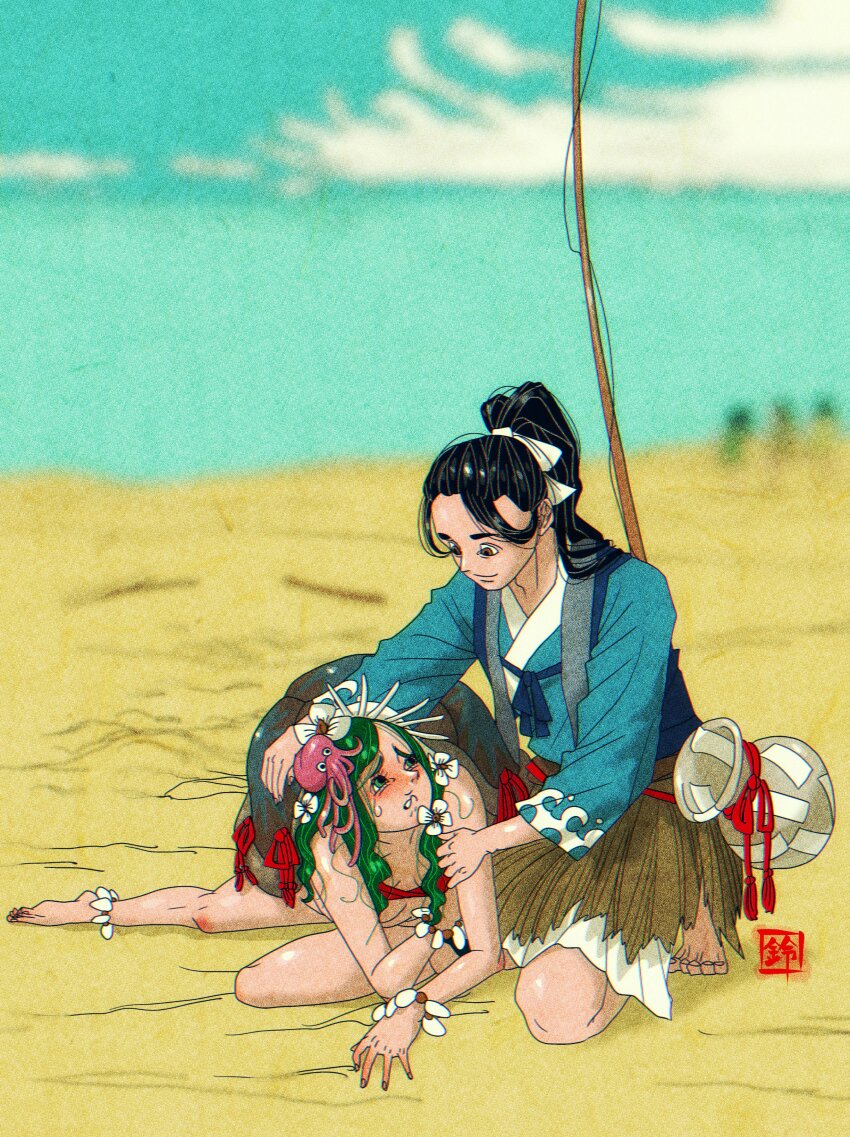 1boy 1girl absurdres barefoot biting_own_lip black_hair brown_eyes crying crying_with_eyes_open fine_art_parody fishing_rod flowers_in_hair full_body green_eyes green_hair hair_ornament hair_ribbon highres inkan japanese_clothes japanese_mythology kimono kneeling looking_at_another lying nihonga octopus on_side otohime parody ponytail ribbon sand sei5osuzuki smile tears urashima_tarou