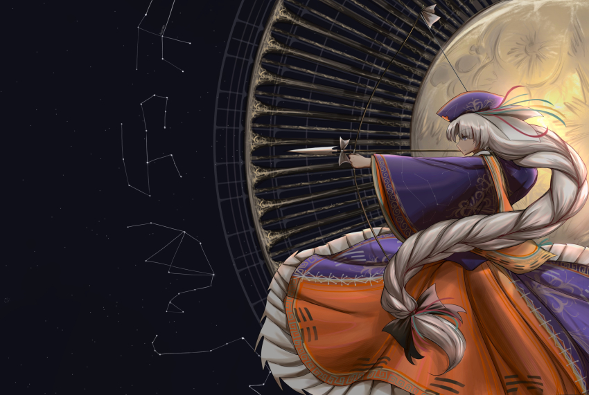 1girl absurdres arrow_(projectile) artist_name big_hair black_background black_bow blue_shirt blue_skirt bow bow_(weapon) braid commentary constellation constellation_print constellation_request cross drawing_bow dress embellished_costume english_commentary floating_hair grey_hair hair_bow hat highres holding holding_bow_(weapon) holding_weapon long_hair long_sleeves moon outstretched_arm red_cross red_skirt shirt skirt solo star_(sky) there2007 touhou trigram two-tone_skirt very_long_hair weapon wide_sleeves yagokoro_eirin